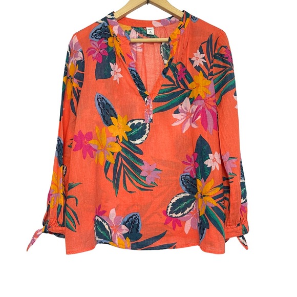 Old Navy Linen Blend Top Womens Size M Floral Hawaiian Flower Resort Tropical - Picture 1 of 12